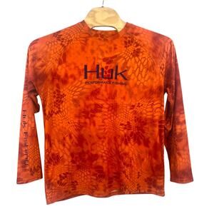 Huk Performance Fishing Shirt Men L Inferno Orange Kryptek Logo Long Sleeve Read